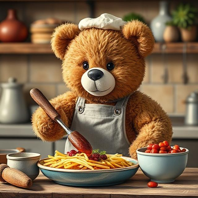 knuffel is heerlijke frietjes aan het maken