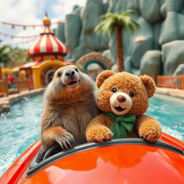 Holmarmot en knuffel in de wildwaterbaan